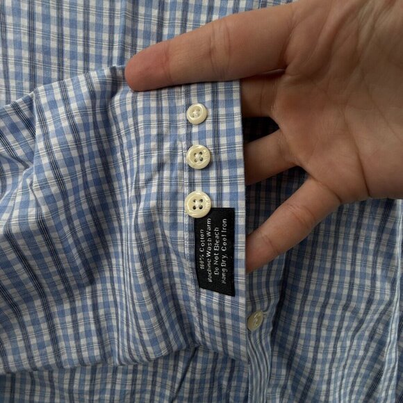 David Donahue Long Sleeve 17 34/35 Blue Check Trim Button Up Shirt Men Cotton - Picture 10 of 11